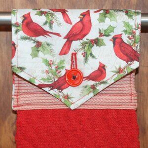 RED CARDINAL BIRD CHRISTMAS HAND TOWEL HANDMADE HANGING KITCHEN TOWEL COTTON